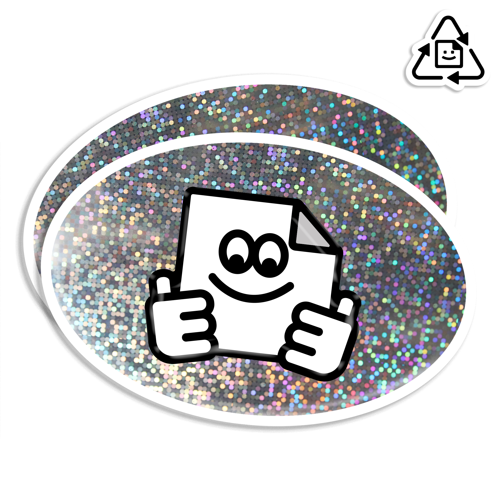 Custom eco-friendly glitter oval vinyl stickers with sparkly finish, waterproof and weatherproof for indoor or outdoor use.