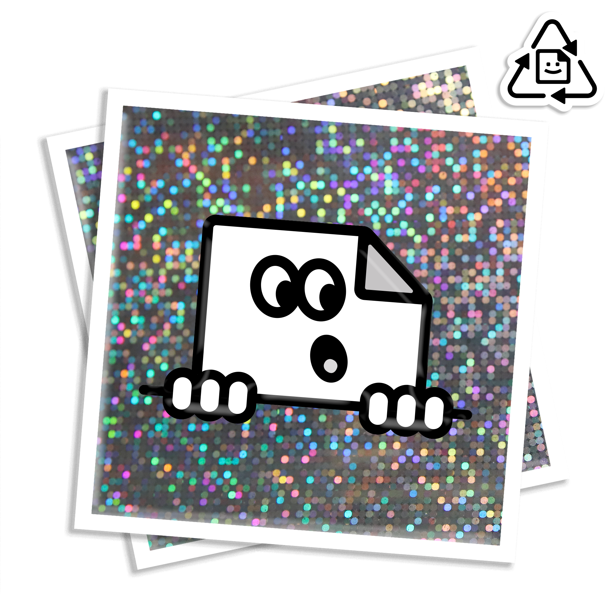 Custom eco-friendly glitter square vinyl stickers with sparkly finish, waterproof and weatherproof for indoor or outdoor use.