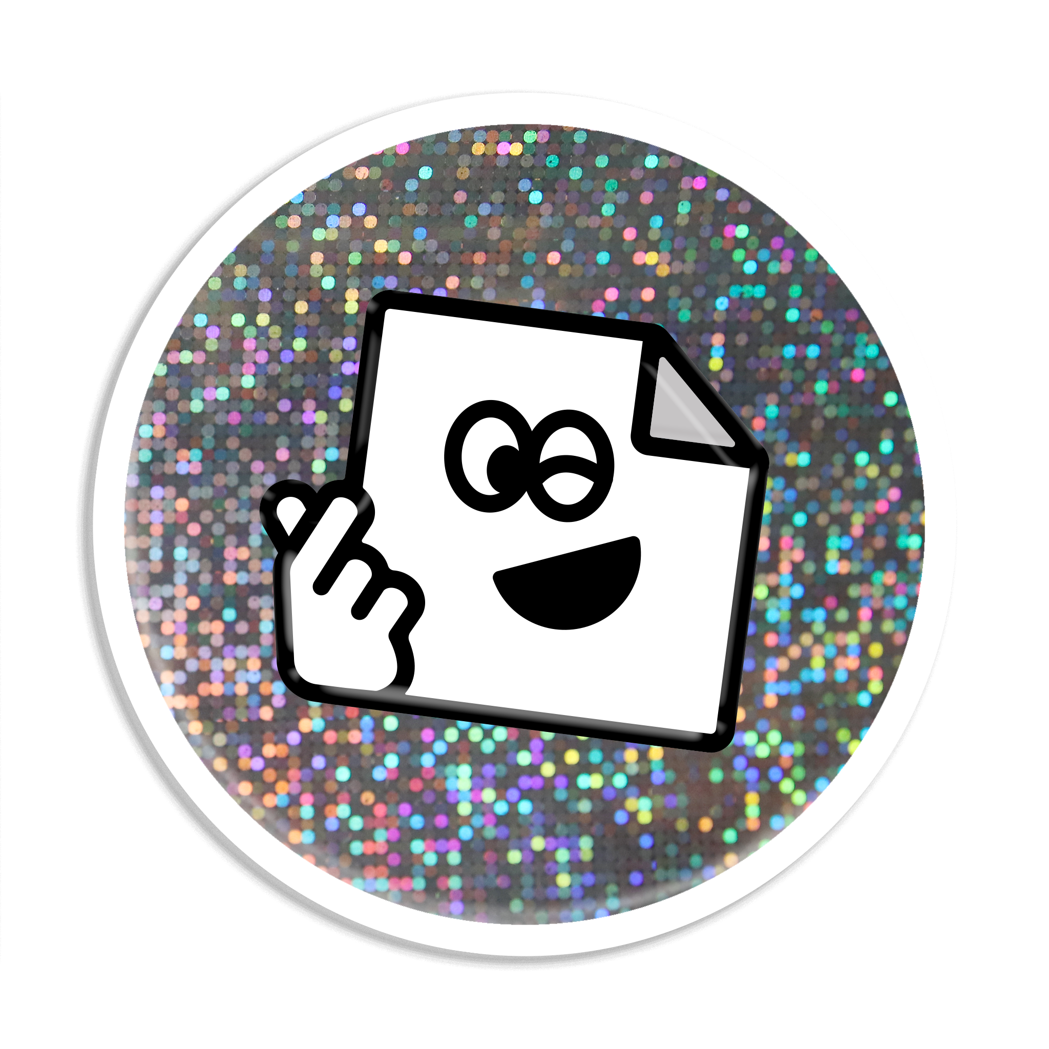 Custom glitter circle vinyl sticker with sparkly, glossy finish for branding, packaging and giveaways.