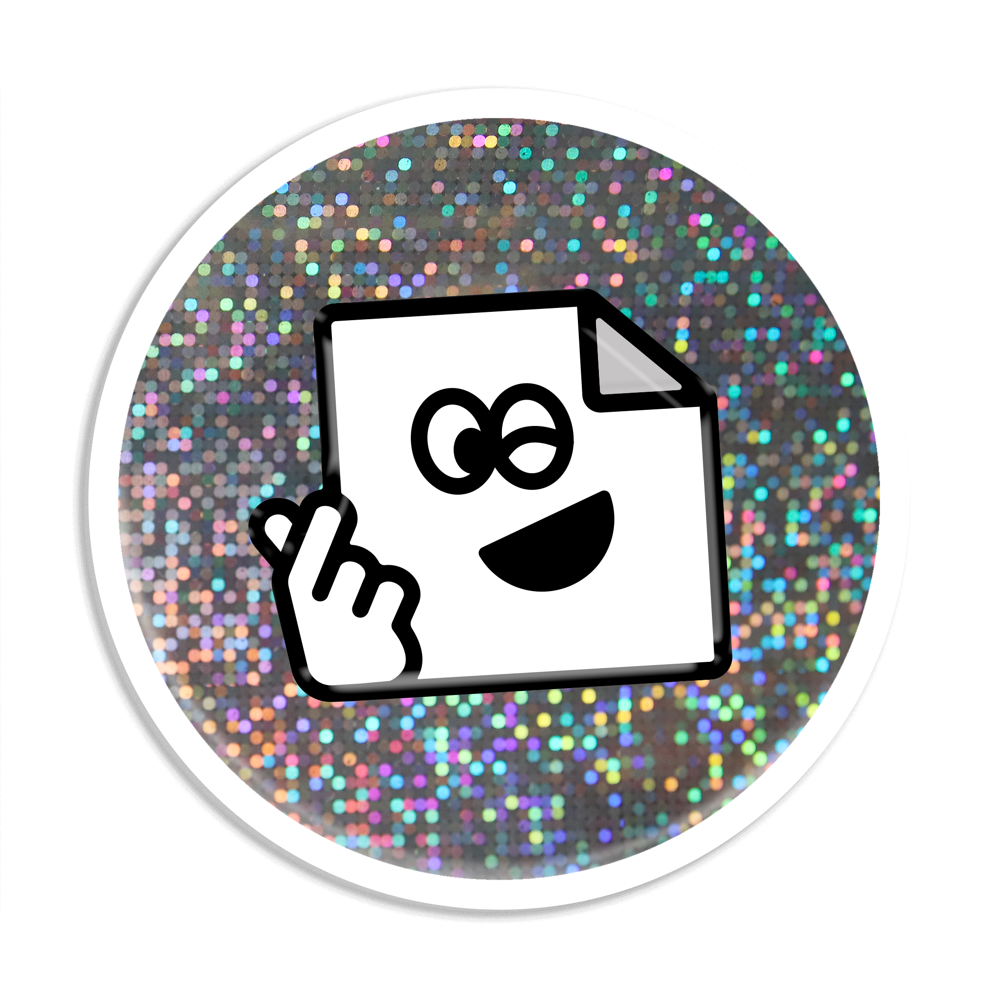 Custom glitter circle vinyl sticker with sparkly, glossy finish for branding, packaging and giveaways.