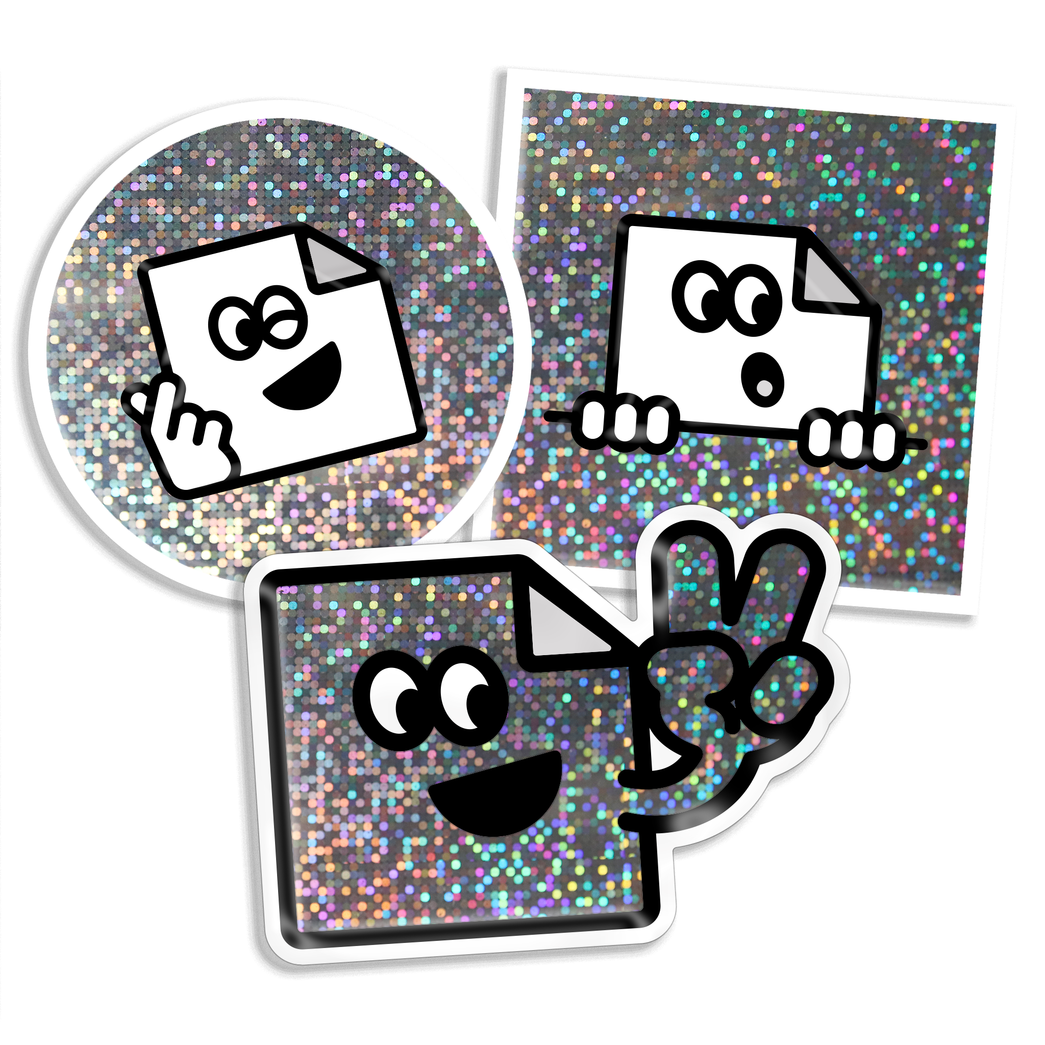 Custom glitter vinyl stickers with sparkly, glossy finish for branding, packaging and giveaways.