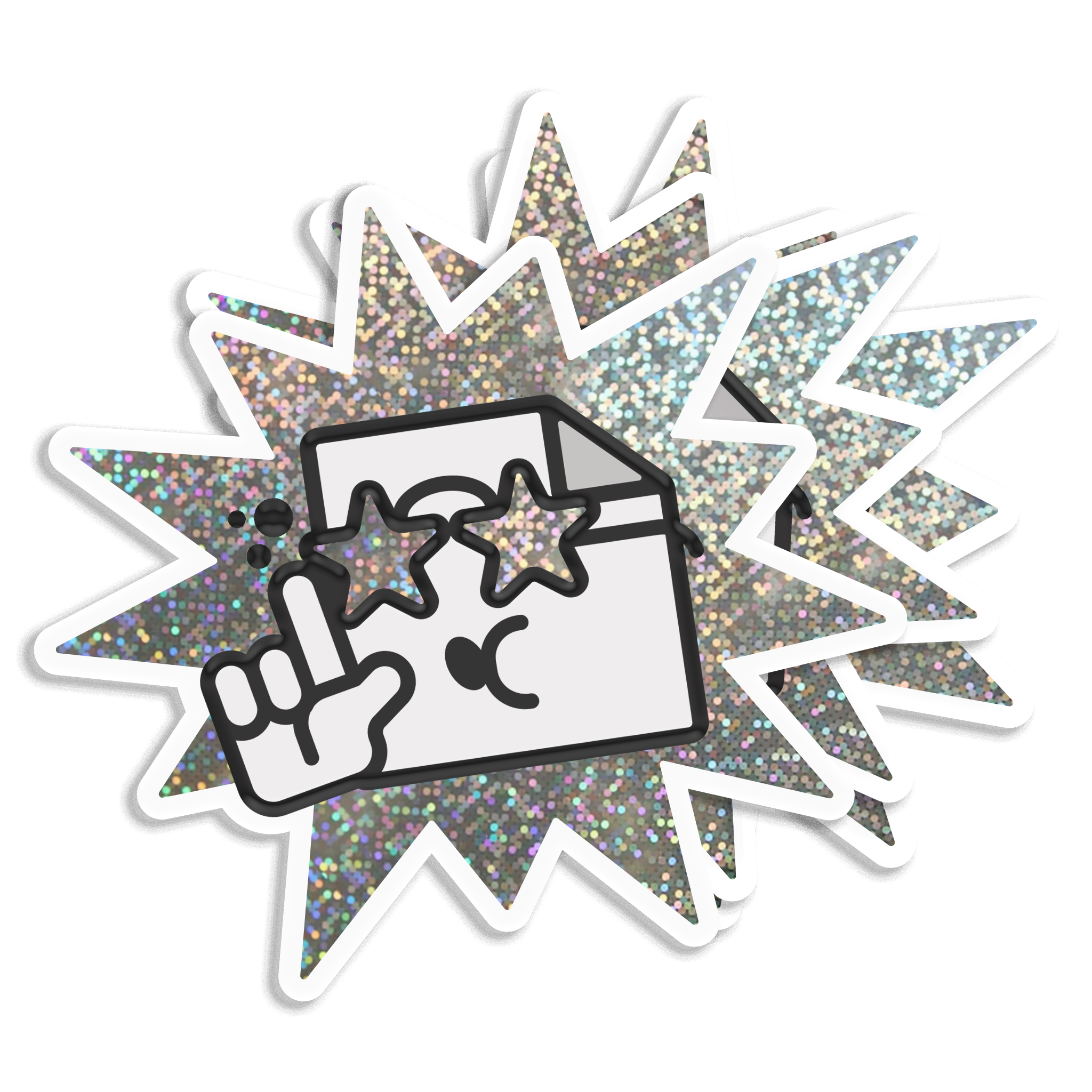 Custom glitter sticker with a hand giving a peace sign, stars, and a smiley face on a white background.
