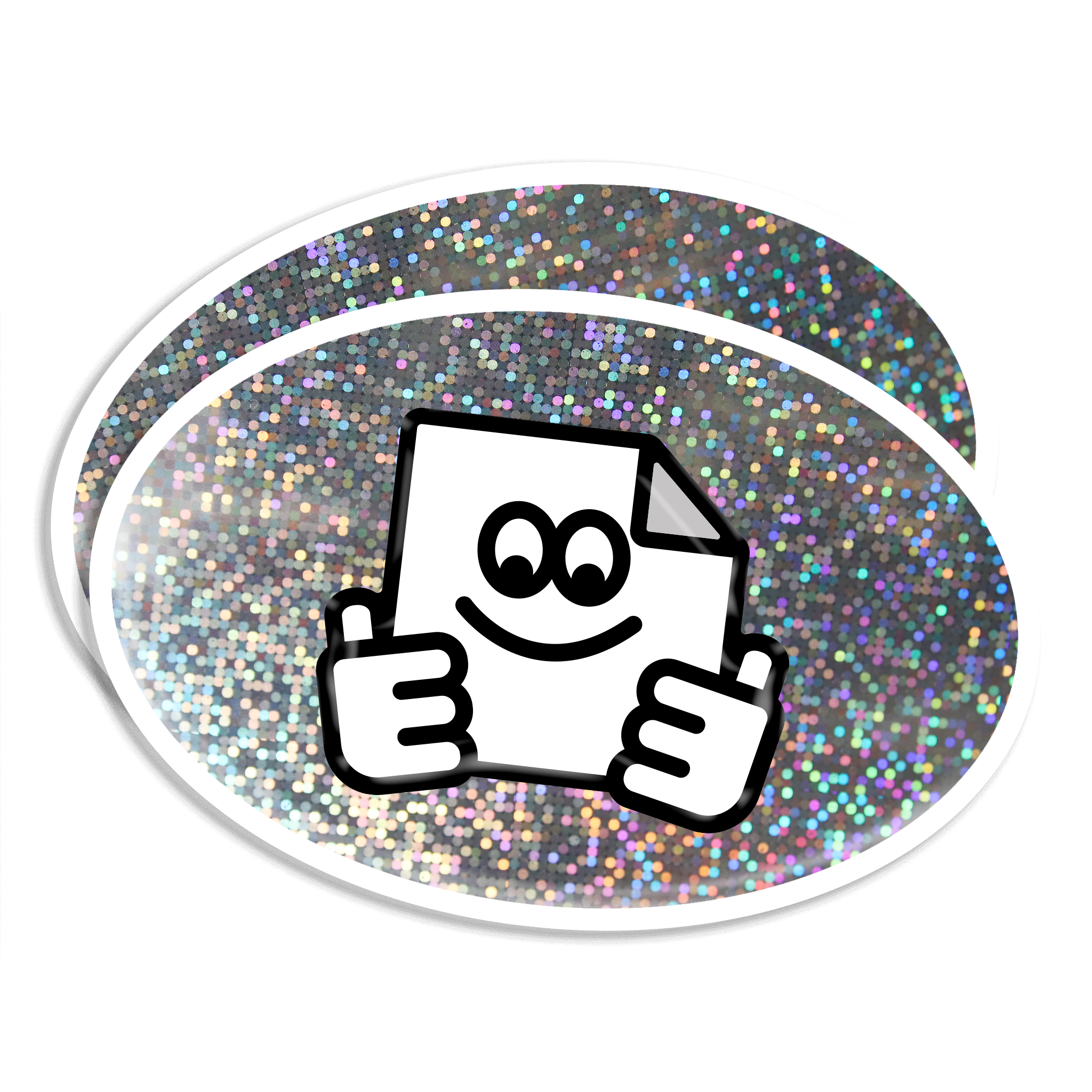 Custom glitter oval vinyl stickers with sparkly, glossy finish for branding, packaging and giveaways.