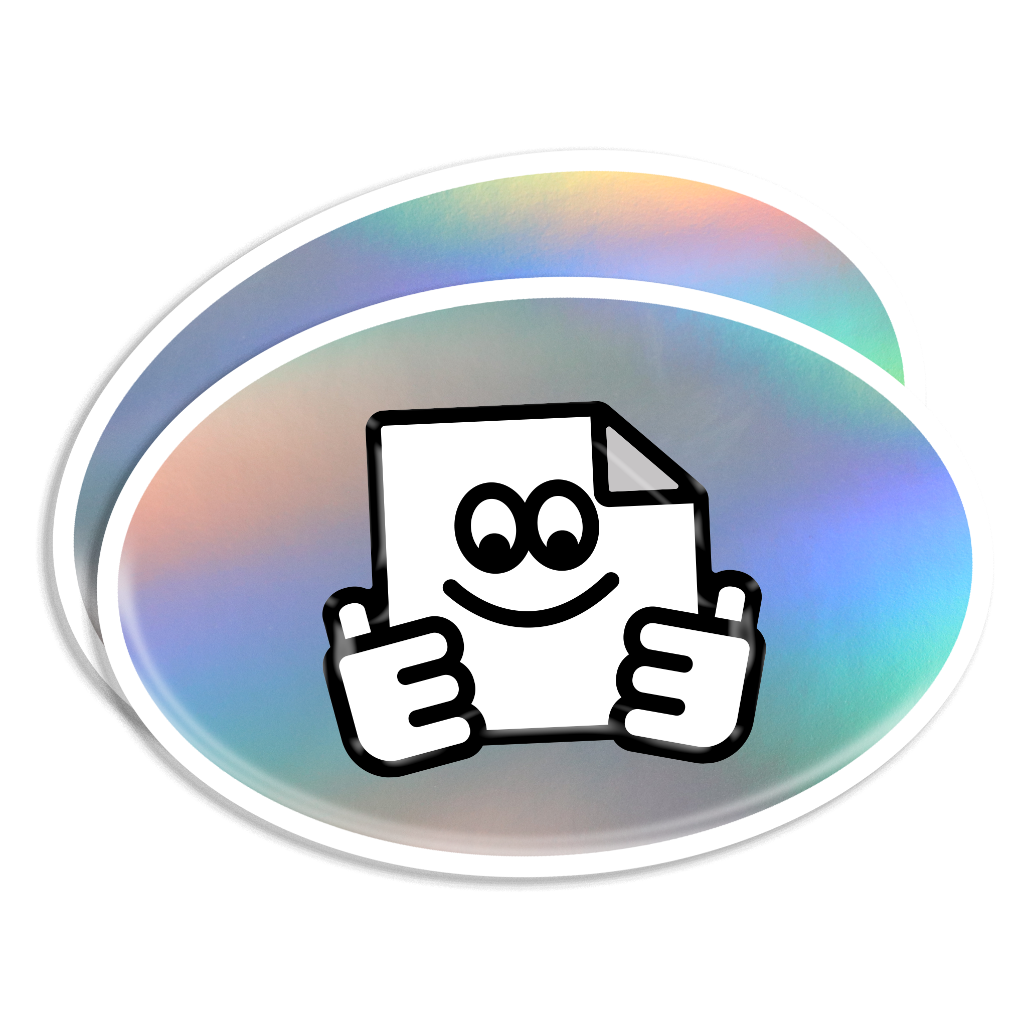 Custom holographic oval vinyl sticker with rainbow finish for branding and promotions.