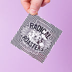 Hand holding a black and white striped custom vinyl stickers with 'Bristol Radical Roasters' branding on a purple background.