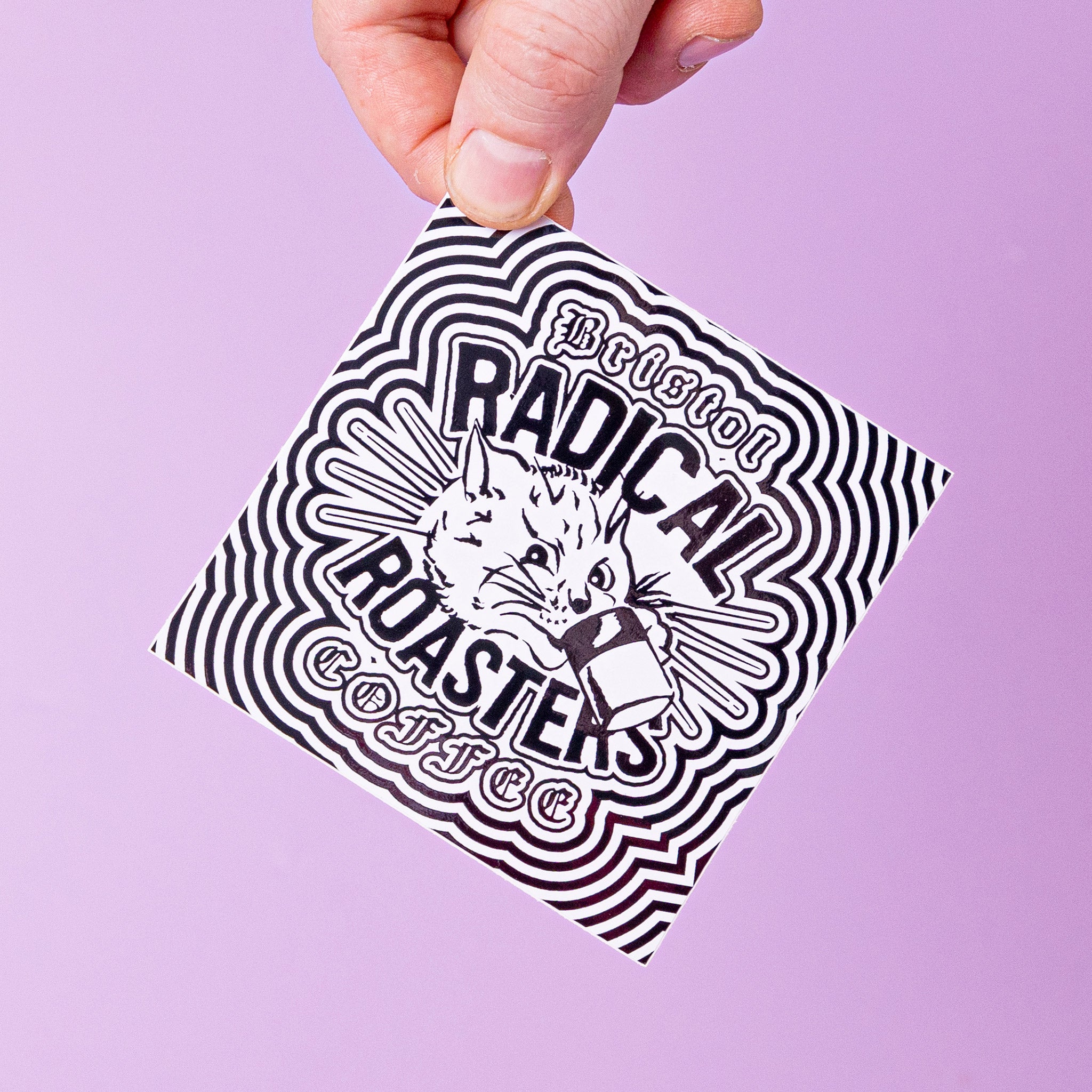 Hand holding a black and white striped custom vinyl stickers with 'Bristol Radical Roasters' branding on a purple background.